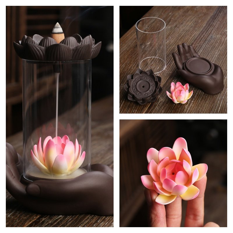 Handmade Traditional Purple Clay Lotus Zen Buddha Hand Incense Burner Backflow Handmade Traditional Purple Clay Lotus Zen Buddha Hand Incense Burner Backflow