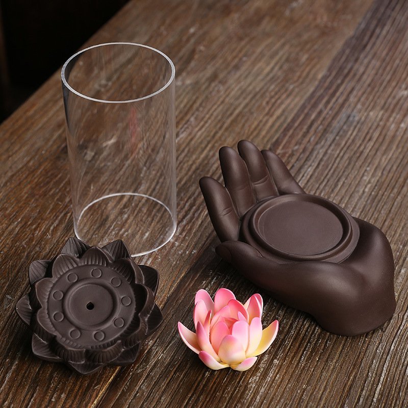 Handmade Traditional Purple Clay Lotus Zen Buddha Hand Incense Burner Backflow Handmade Traditional Purple Clay Lotus Zen Buddha Hand Incense Burner Backflow