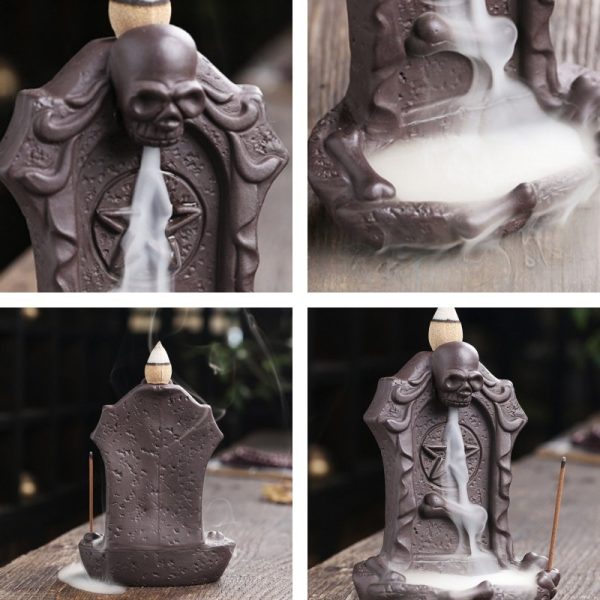 Horrible Purple Clay Halloween Skeleton Tombstone Backflow Cone Fountain Incense Burner