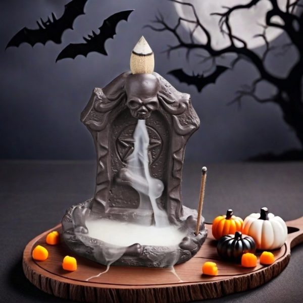 Horrible Purple Clay Halloween Skeleton Tombstone Backflow Cone Fountain Incense Burner