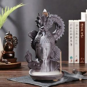 Purple Clay Dragon Smoking with Zen Buddha Smoke Backflow Incense Holder