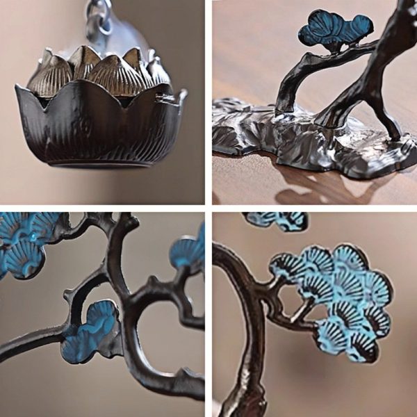Alloy Antique Blue Japanese Pine Tree with Lotus Theme Hanging Censer Incense Burner