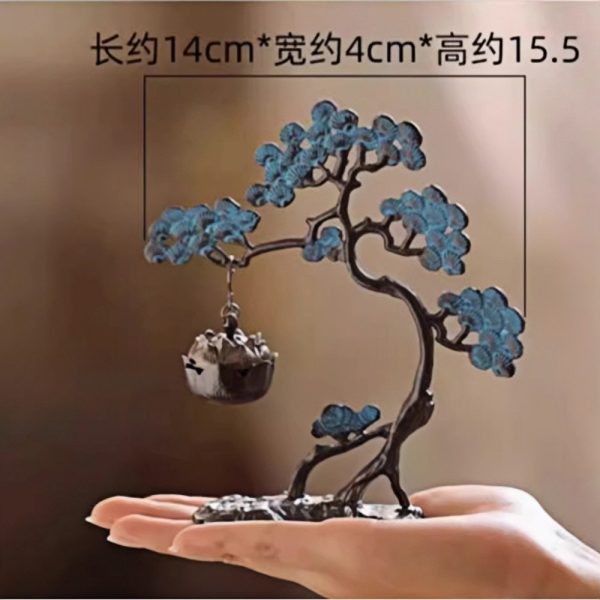 Alloy Antique Blue Japanese Pine Tree with Lotus Theme Hanging Censer Incense Burner