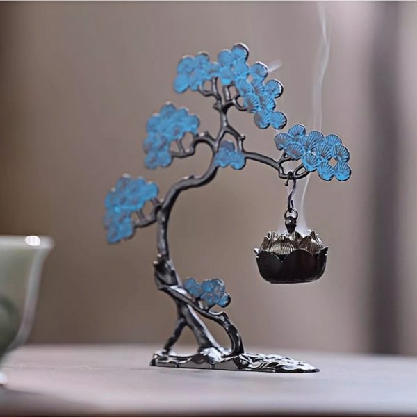 Alloy Antique Blue Japanese Pine Tree with Lotus Theme Hanging Censer Incense Burner