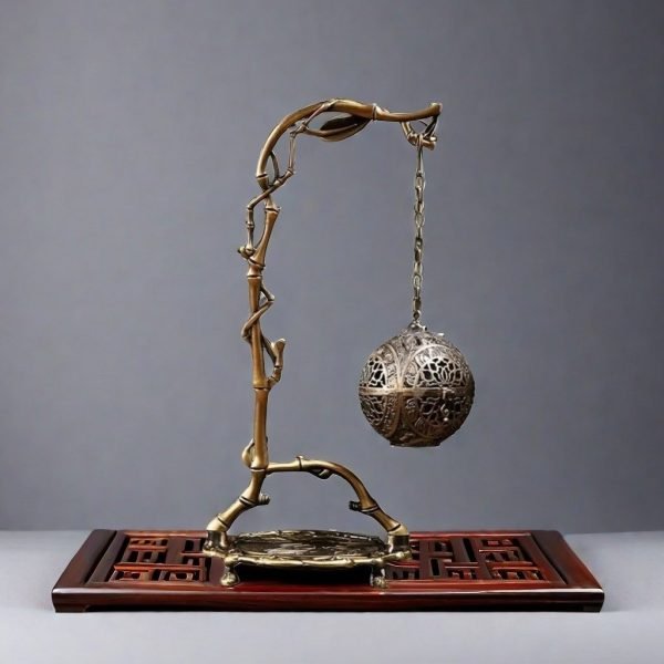Antique Alloy Chinese Burning Conical Incense Holder with Bamboo Shaped Stand