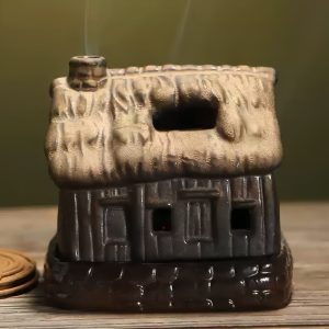 Antique Brown and Green Ceramic Handcrafted Burning Incense House Burner
