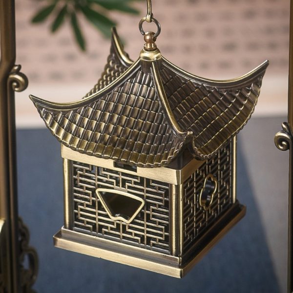 Antique Chinese Four-cornered Pavilion Shaped Hanging Bronze Incense Burner
