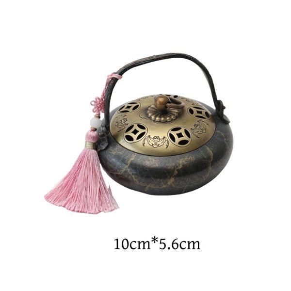Antique Pure Copper Charcoal Incense Burner Holder with Portable Wooden Handle & Lid