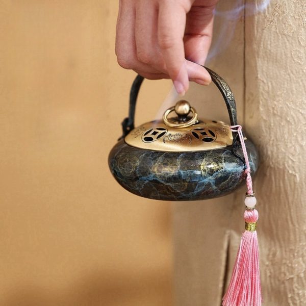 Antique Pure Copper Charcoal Incense Burner Holder with Portable Wooden Handle & Lid