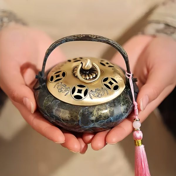 Antique Pure Copper Charcoal Incense Burner Holder with Portable Wooden Handle & Lid