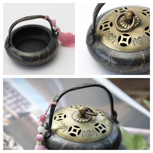 Antique Pure Copper Charcoal Incense Burner Holder with Portable Wooden Handle & Lid