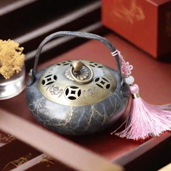 Antique Pure Copper Charcoal Incense Burner Holder with Portable Wooden Handle & Lid