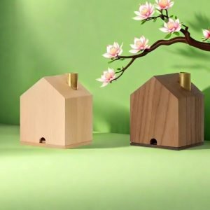 Beech Wood and Black Walnut Wood Handcrafted Log Cabin Incense Burner with with Smoking Chimney