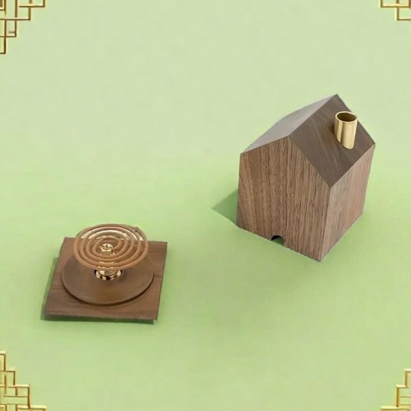 Beech Wood and Black Walnut Wood Handcrafted Log Cabin Incense Burner with with Smoking Chimney -walnut wood