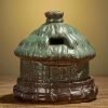 Best Brown and Green Round Ceramic Village House Incense Burner for Sale