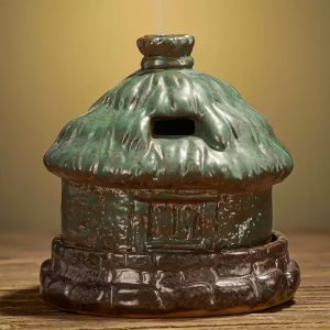 Best Brown and Green Round Ceramic Village House Incense Burner for Sale