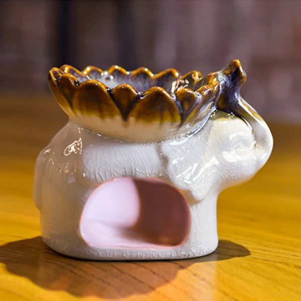 Blue and White Ceramic Elephant with Lotus Candle Incense Essential Oil Burner for Home