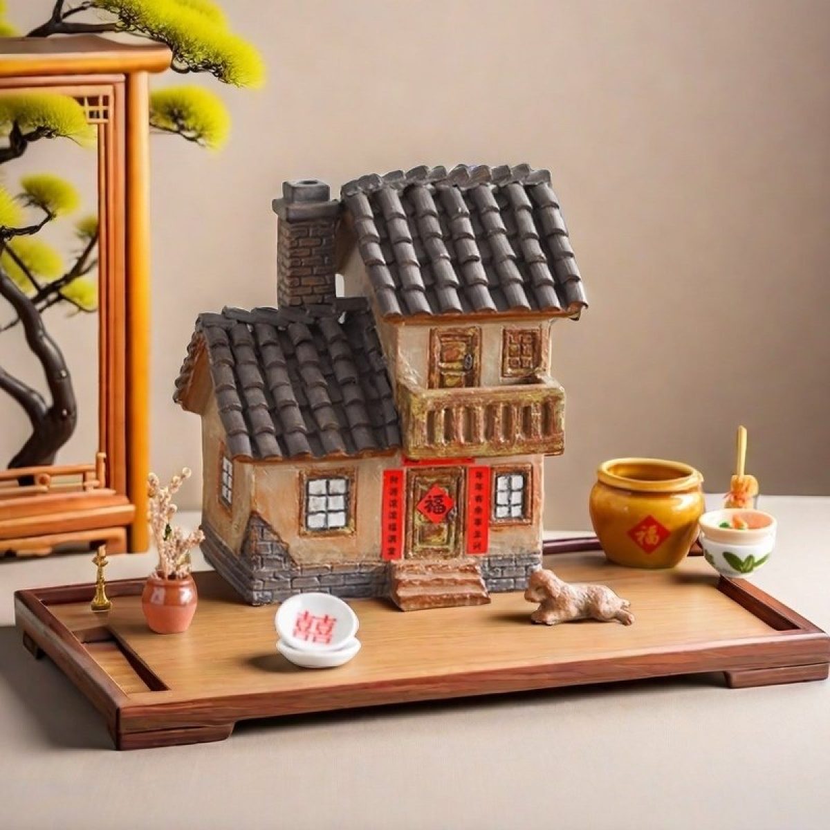 Ceramic Village Smoking Chimney Log Cabin House Incense Cone Burner for Sale
