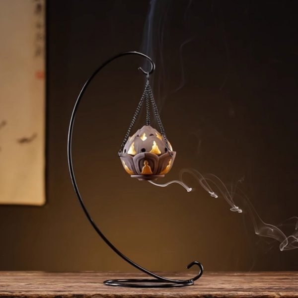 Ceramic Zen Buddha and Lotus Theme Hanging Backflow Incense Burner with Metal Stand