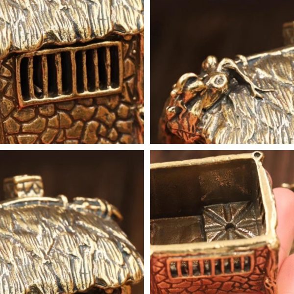 Creative Mini Brass Carved House Incense Burner with Smoking Chimney