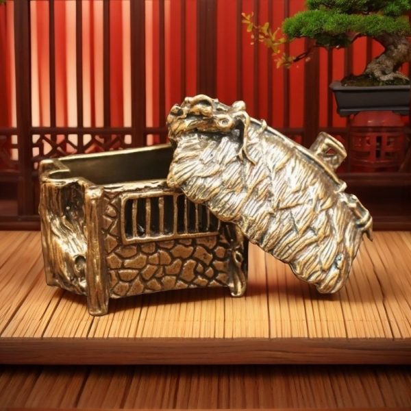 Creative Mini Brass Carved Log Cabin House Incense Burner with Smoking Chimney