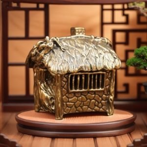 Creative Mini Brass Carved Log Cabin House Incense Burner with Smoking Chimney