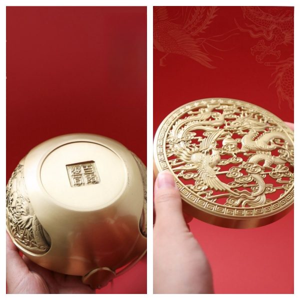 Dragon and Phoenix Theme Brass Charcoal Incense Burner Hand Warmer