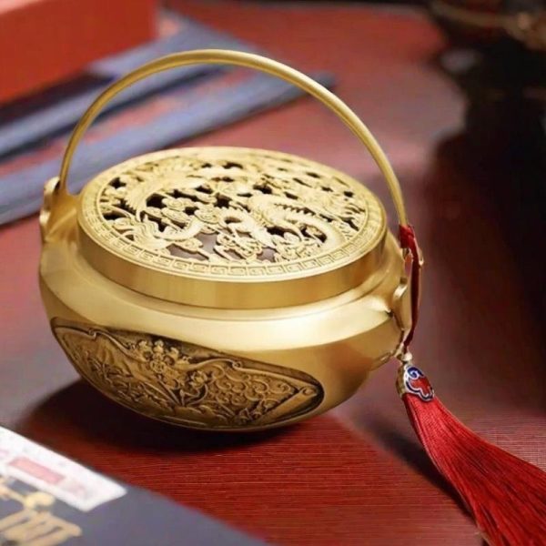 Dragon and Phoenix Theme Brass Charcoal Incense Burner Hand Warmer