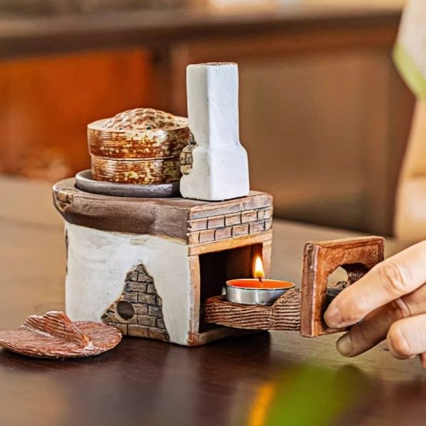 Hand Carved White and Grey Stove Shaped Incense Essential Oil Burner Holder