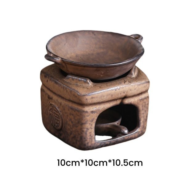 Handcrafted Antique Ceramic Brown Blessing Theme Stove Shaped Essential Oil Incense Burner with Candle