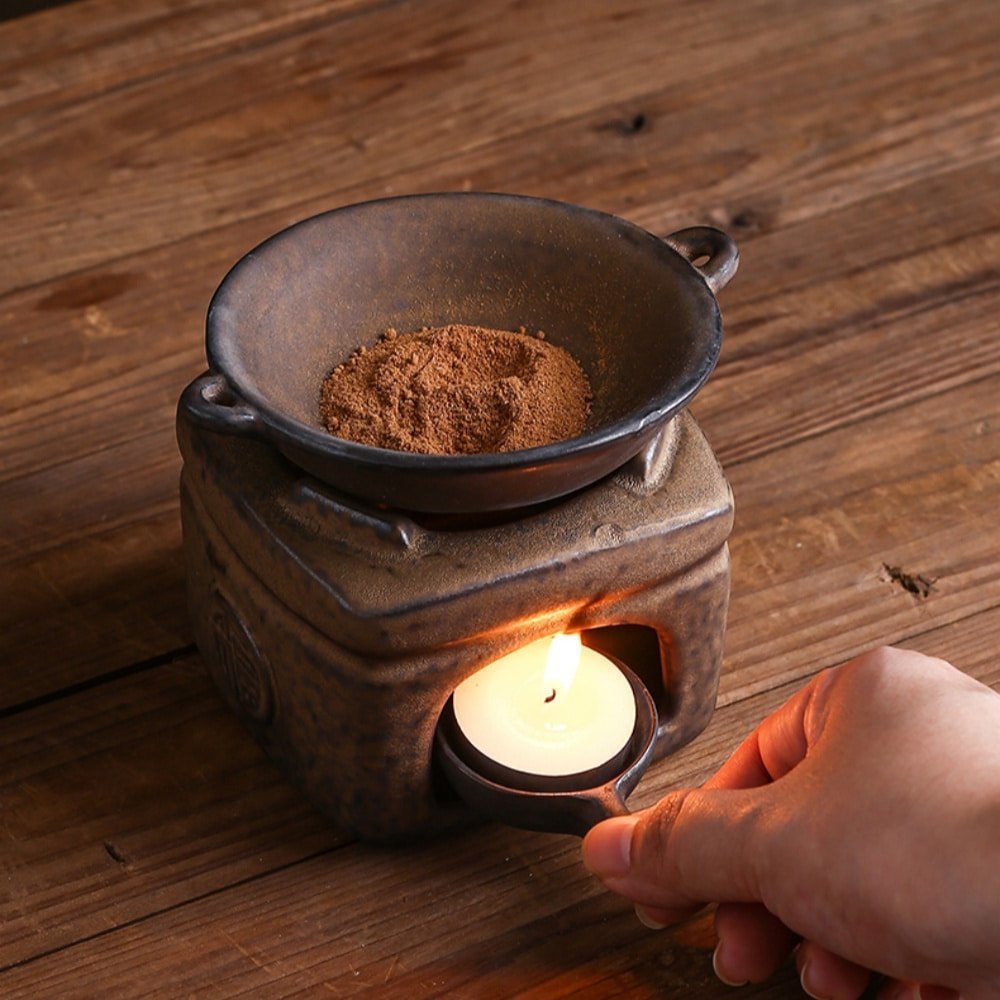 Handcrafted Antique Ceramic Brown Blessing Theme Stove Shaped Essential Oil Incense Burner with Candle