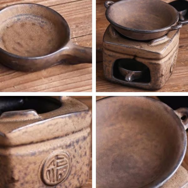 Handcrafted Antique Ceramic Brown Blessing Theme Stove Shaped Essential Oil Incense Burner with Candle