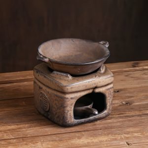 Handcrafted Antique Ceramic Brown Blessing Theme Stove Shaped Essential Oil Incense Burner with Candle