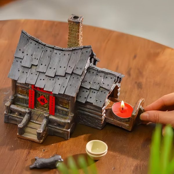 Handcrafted Vintage Ceramic Incense Log Cabin Burner Holder with Smoking Chimney