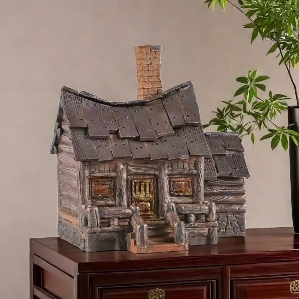 Handcrafted Vintage Ceramic Incense Log Cabin Burner Holder with Smoking Chimney