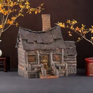 Handcrafted Vintage Ceramic Incense Log Cabin Burner Holder with Smoking Chimney