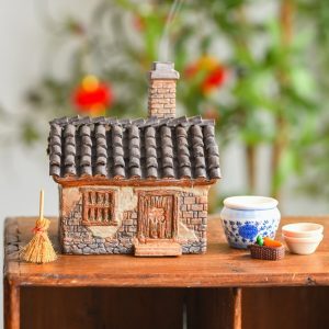 Little Ceramic Village House Log Cabin Incense Burner with Smoking Chimney