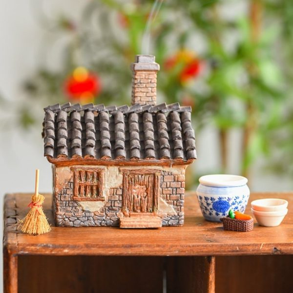 Little Ceramic Village House Log Cabin Incense Burner with Smoking Chimney