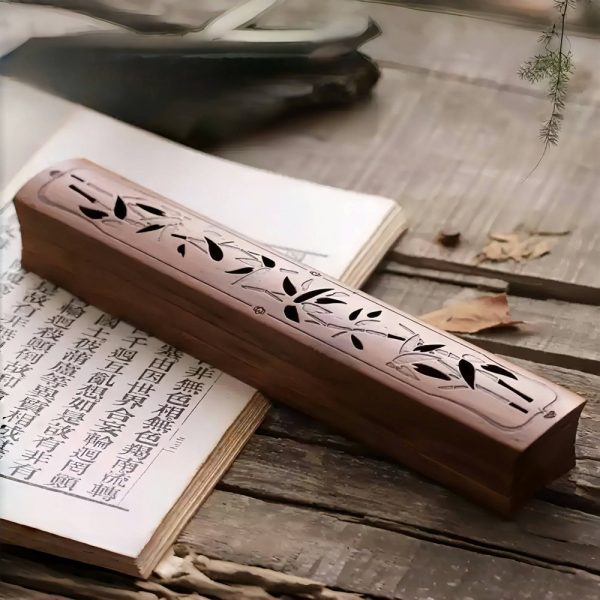 Plum and Bamboo Theme Hand Carved Wooden Conical Coffin Incense Burner
