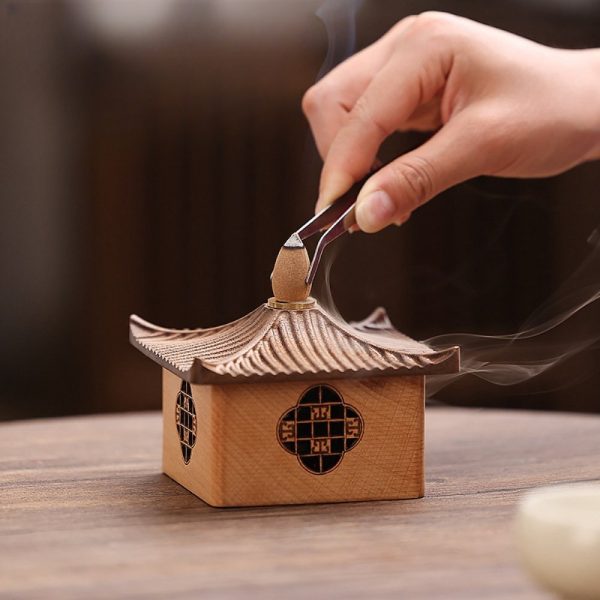 Small Antique Handmade Log Cabin Smoking Incense Burner Holder for Sale