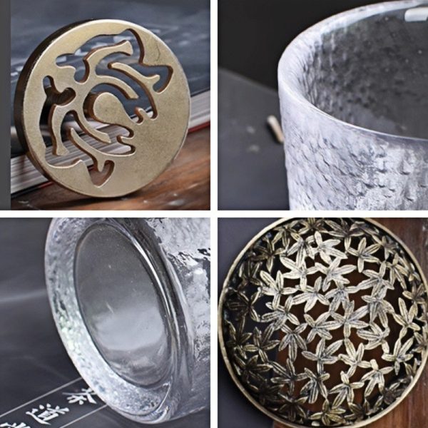 Small Hammered Japanese Glass Coil Incense Burner Bowl with Hollowed Alloy Lid
