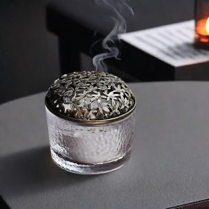 Small Hammered Japanese Glass Coil Incense Burner Bowl with Hollowed Alloy Lid