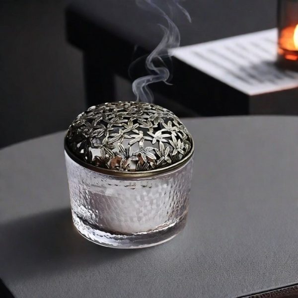Small Hammered Japanese Glass Coil Incense Burner Bowl with Hollowed Alloy Lid