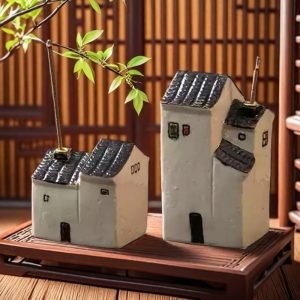 Small Tall and Short Hand Painted Antique Ceramic Log Cabin House Stick Incense Burner Holders