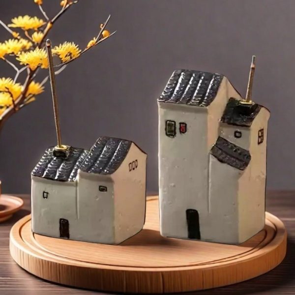 Small Tall and Short Hand Painted Antique Ceramic Log Cabin House Stick Incense Burner Holders