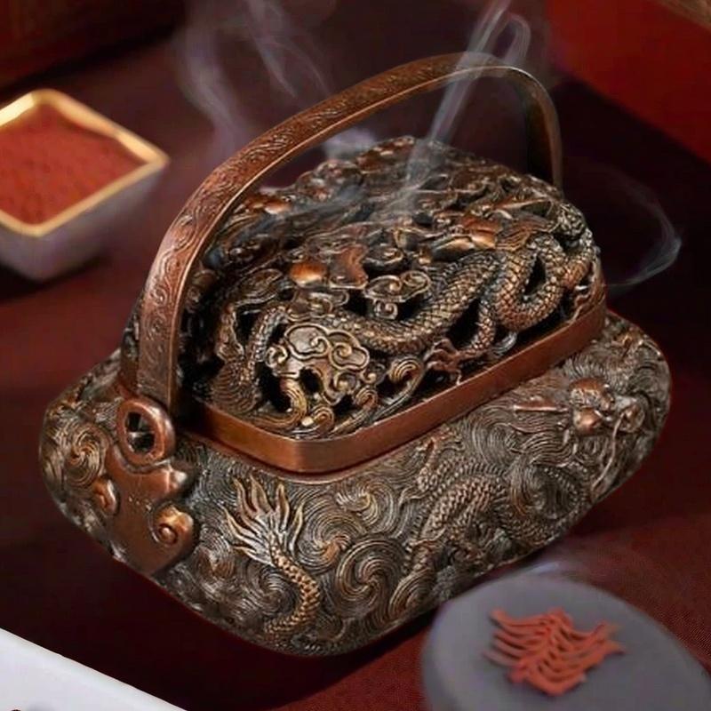 Traditional Handmade Chinese Embossed Dragon Brass Charcoal Burner With Handle & Lid for Incense Traditional Handmade Chinese Embossed Dragon Brass Charcoal Burner With Handle & Lid for Incense