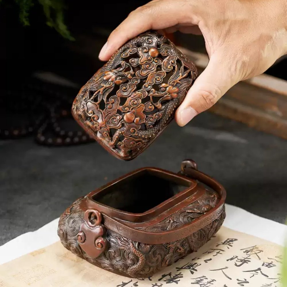 Traditional Handmade Chinese Embossed Dragon Brass Charcoal Burner With Handle & Lid for Incense Traditional Handmade Chinese Embossed Dragon Brass Charcoal Burner With Handle & Lid for Incense