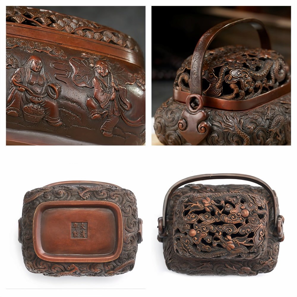 Traditional Handmade Chinese Embossed Dragon Brass Charcoal Burner With Handle & Lid for Incense Traditional Handmade Chinese Embossed Dragon Brass Charcoal Burner With Handle & Lid for Incense