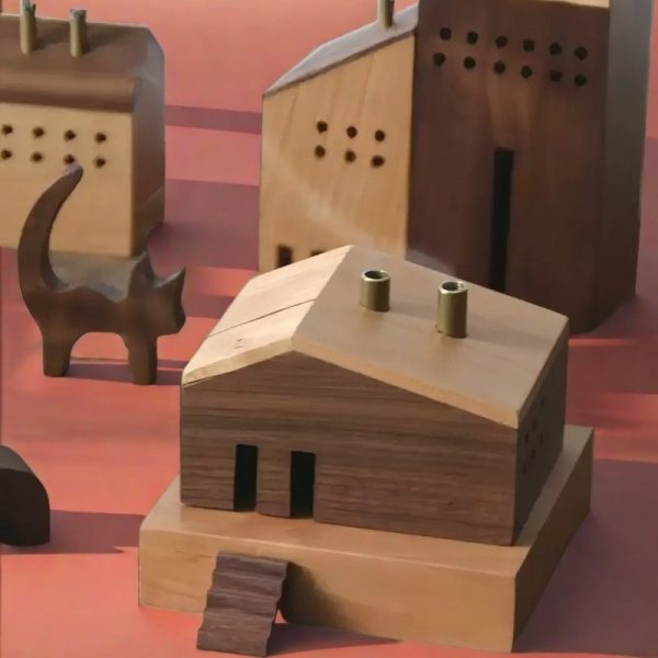 Vintage Simple Wooden Incense Log Cabin Coil Burner Holder with Smoking Chimney