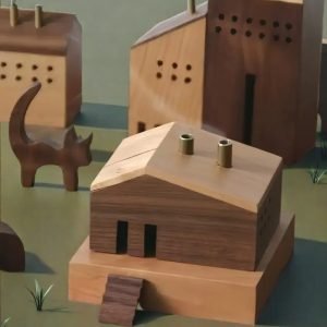 Vintage Simple Wooden Incense Log Cabin Coil Burner Holder with Smoking Chimney